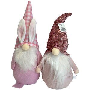 Gnome Plush Easter Holiday Set 2 Rabbit Bunny Ears Sequin Hat Pink Pastel NWT